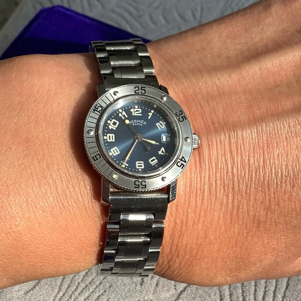 Hermes Silver Steel Bracelet Watch with Blue Dial